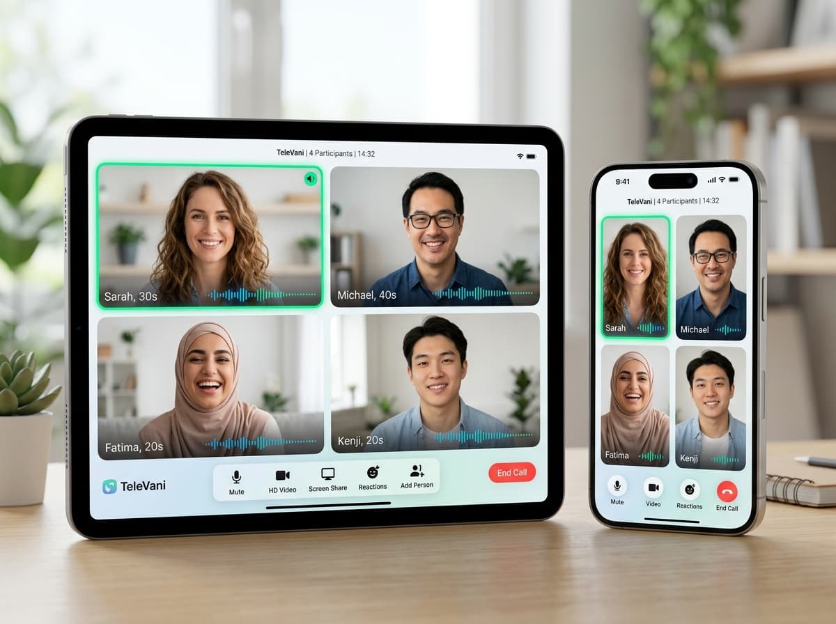 TeleVani HD video calling with multiple participants on tablet and phone