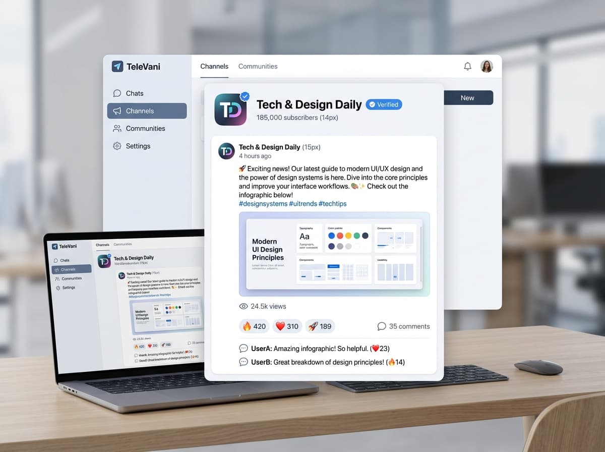 TeleVani Channels and Community broadcast feature with verified badge, reactions and comments