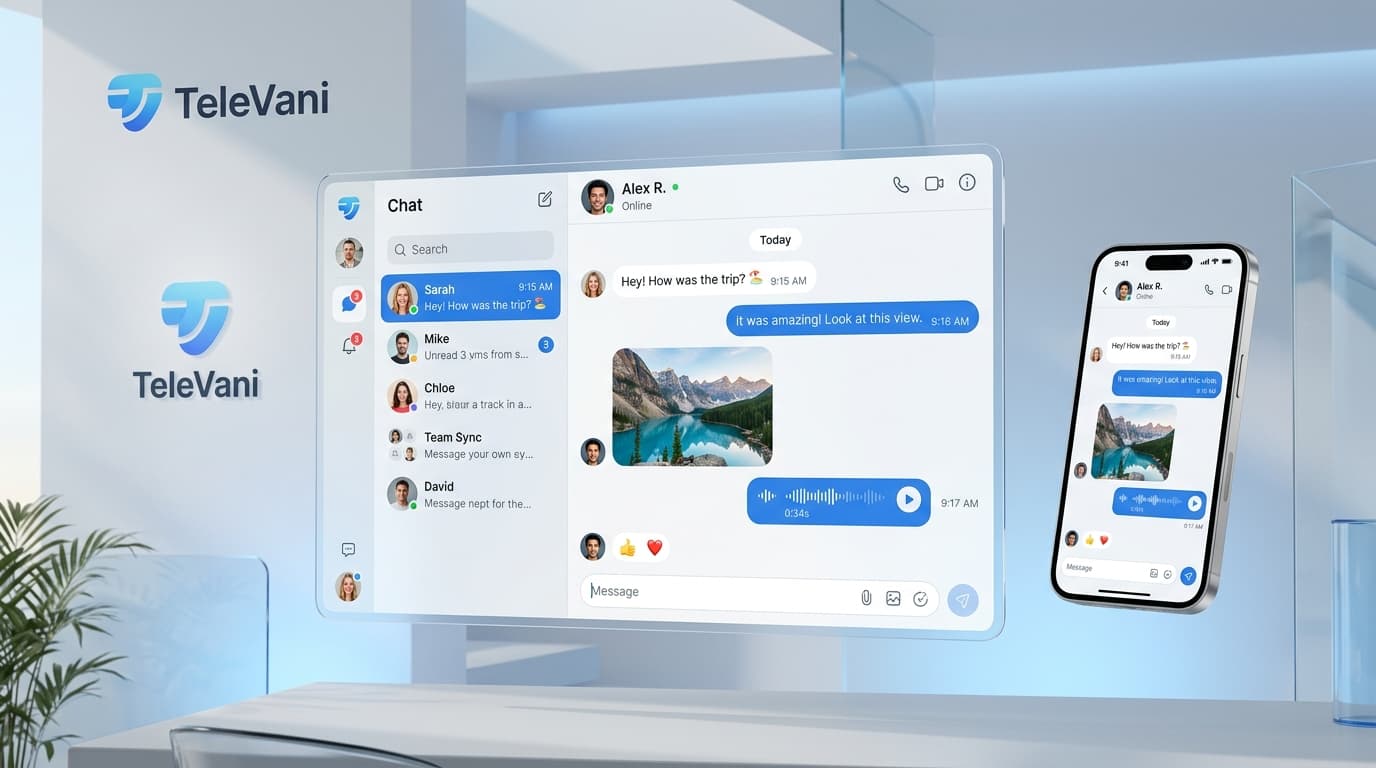 TeleVani messenger app running on desktop and smartphone with real-time sync