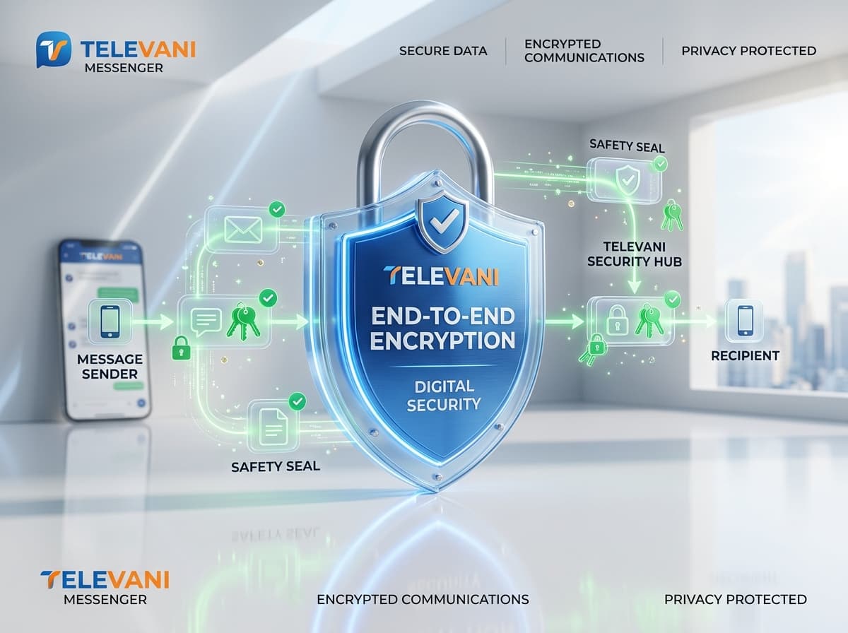 TeleVani security hub showing end-to-end encryption shield and privacy protection